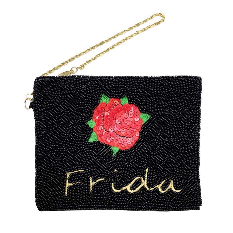 Elegant Black Sequin Clutch With Rose Embellishment